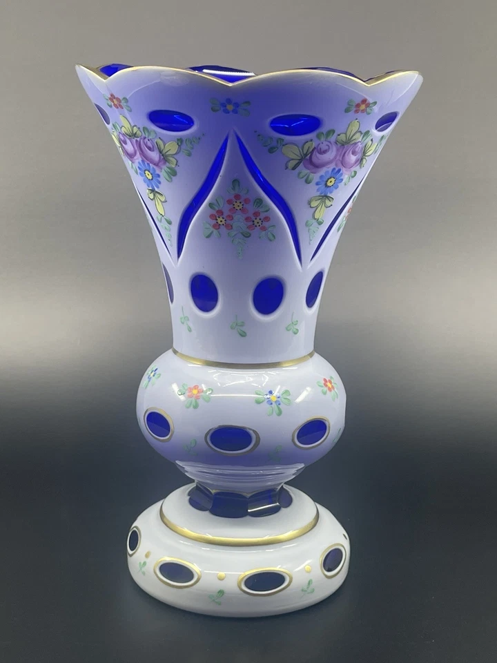 Vase Médicis - Bohème - Cristal Opaline Overlay - Ancien - Bleu - Photo 3/4