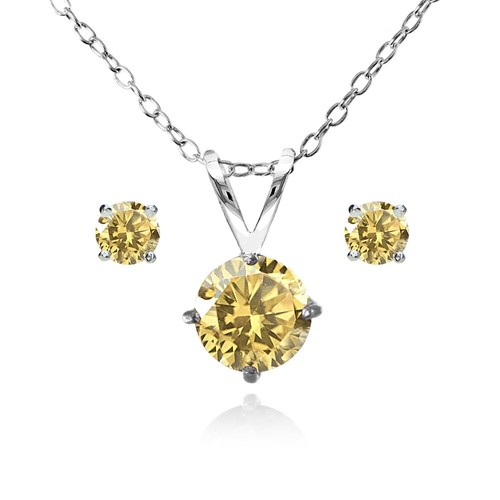 Round Solitaire Citrine Necklace & Stud Earrings Set in Sterling Silver - Picture 1 of 3