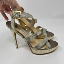 Jimmy Choo Metallic Gold Glitter Vamp Platform Strappy Sandals, size 38.5