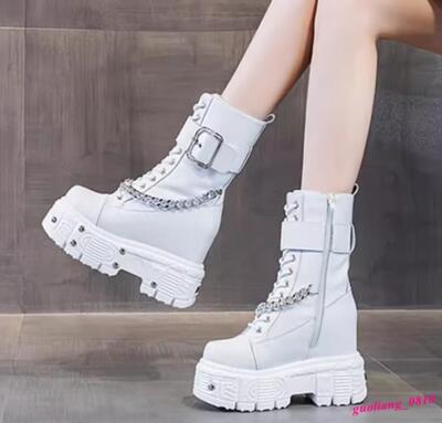 Wedge Inside Ankle Boots Women's 12cm British Rivet Leather Chain Platform Shoes