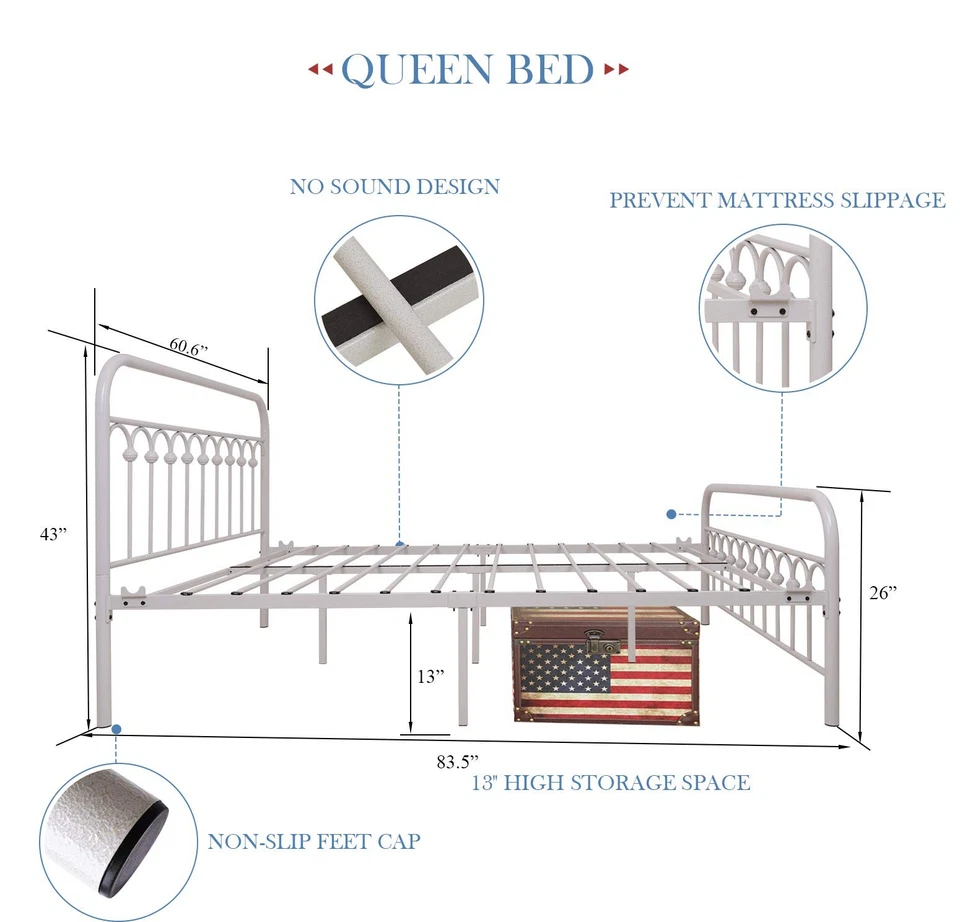 Marco de cama de metal resistente vintage tamaño queen con cabecero y estribo básico... Foto 4 de 4