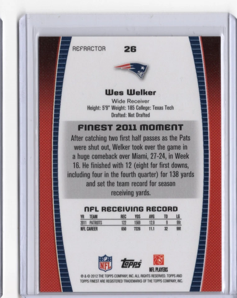 2012 Topps Finest - Wes Welker #26 Refractor 01/10 Crisp! - Image 2 of 2