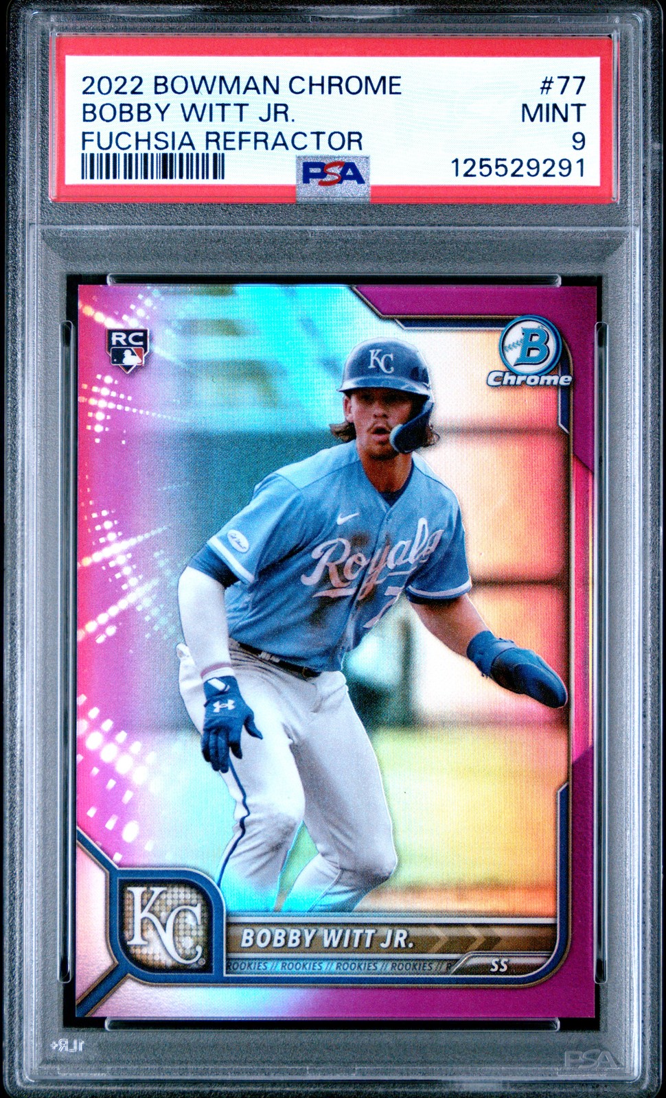2022 BOWMAN CHROME FUCHSIA REFRACTOR #77 BOBBY WITT JR. ROOKIE RC 26/299 PSA 9