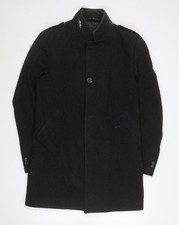 Zara Man Black Wool Blend Stand-Up Collar Men's Medium Overcoat