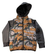 Timberland Boys Puff Jacket Brown Black Camo Size S7/8 Hooded Zip RN 130323