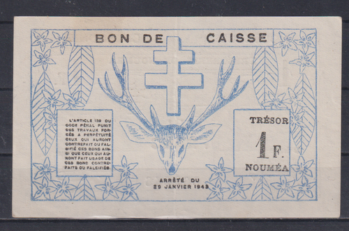 Neukaledonien, 1 Franc P-55, 1943 WWII AU++&272 - Bild 2 von 2