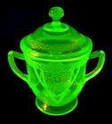 Federal Depression Uranium Glass Georgian Lovebirds Green Sugar Bowl W/ Lid