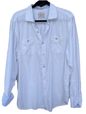 XL Tommy Bahama White Button up LS Island Modern Fit, roll tab sleeve,Tan Stitch