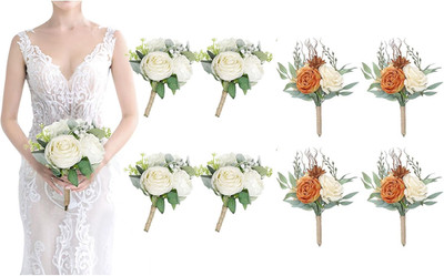 Ivory & Orange Bridesmaid Bouquet Set - 4 Elegant Floral Arrangements