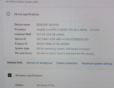 HP MP9 G4 Retail System Mini i5-8500T 2.1GHz 256GB NVMe SSD 16GB