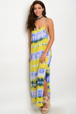 Yellow and Green Tie Dye Maxi Dress Size Small Side Slit
