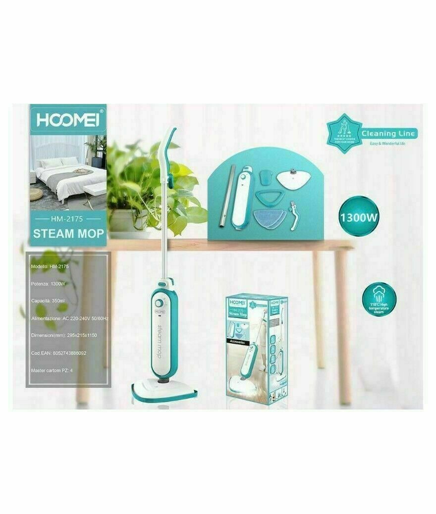Scopa a Vapore Design Hoomei 1300W | Pavimenti Brillanti 350ml White