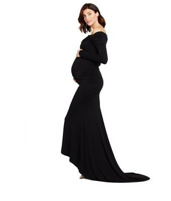 black off the shoulder maternity dress Libra Black Bow Bardot Maternity Maxi Dress – Club L London main image 0