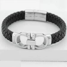 Men's,Stainless Steel 8.5" Black Braided Leather Magnetic Bracelet Unisex BOX