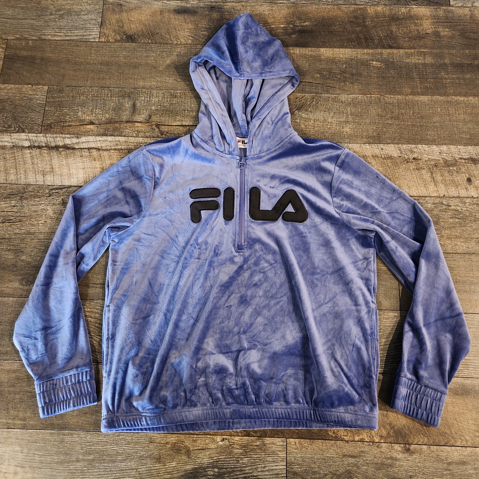 FILA Felpa con cappuccio donna XL blu felpa velluto tasche 1 4 zip retrò