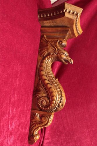 Large Wooden wall bracket shelf/Corbel/Dragon Carved console from alder wood 21" - Afbeelding 1 van 5