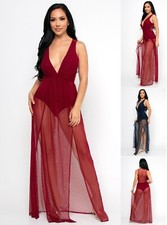 A3 DESIGN USA made Sheer sexy BODYSUIT Maxi DRESS with side slits, S,M,L