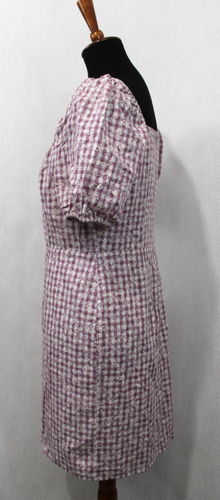 Loft Outlet Sz 4 Short Balloon Sleeve Purple Gingham Floral Dress Square Neck - Picture 4 of 6