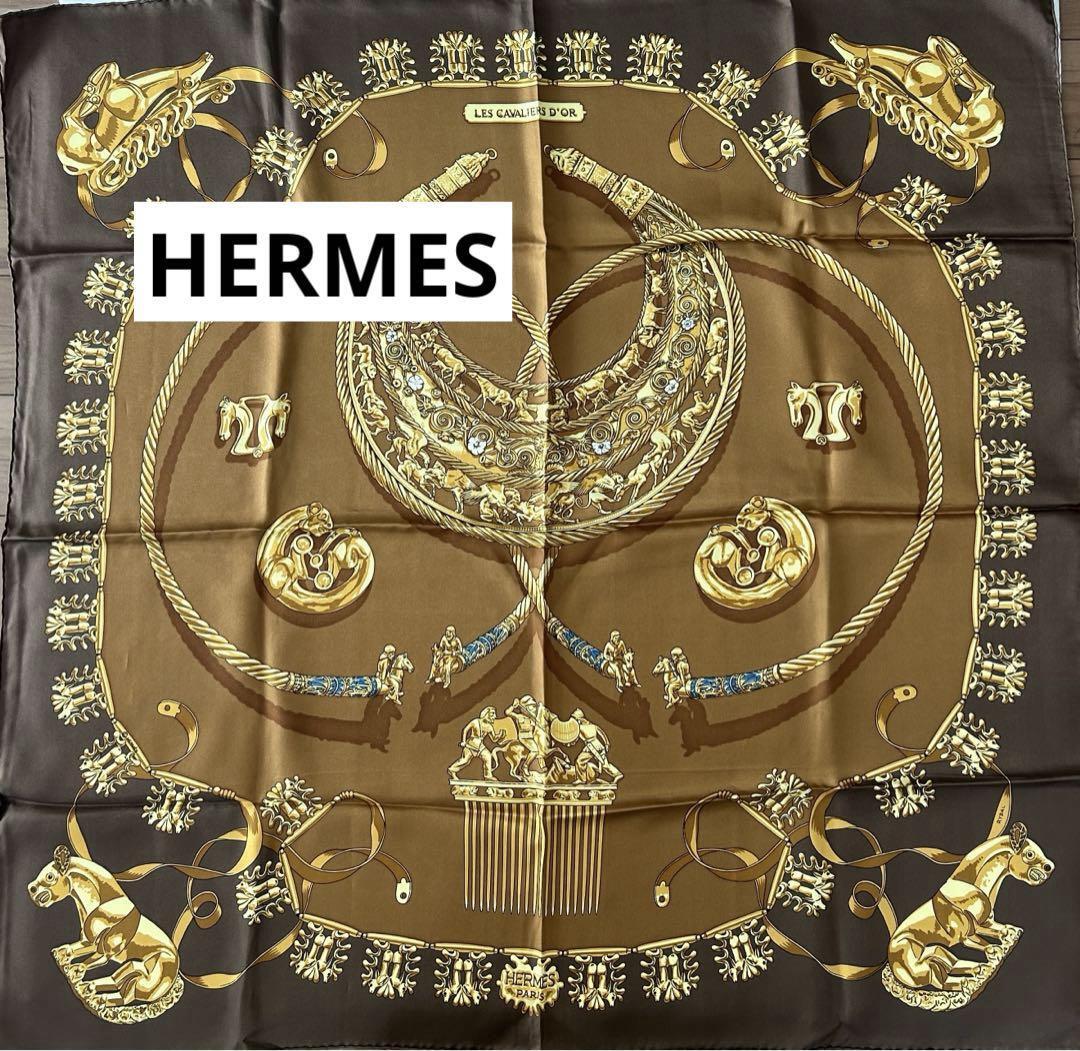 HERMES Silk Scarf 90cm Les Cavaliers D'Or Decorative Design Brown