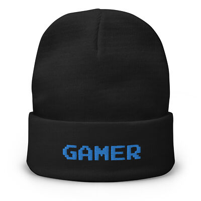 8 Bit Gamer Embroidered Cuff Beanie 80's Retro Style Gaming Blue Thread