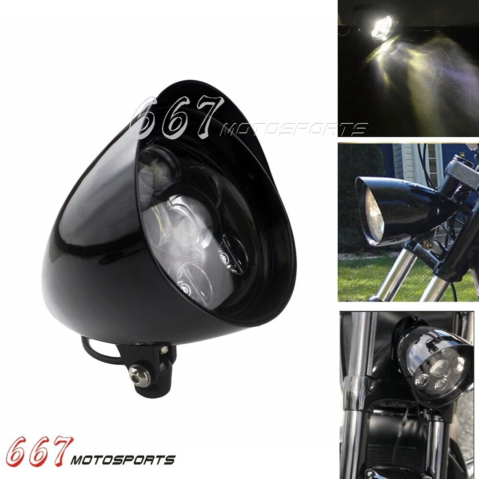 Bullet Visor LED Headlight For Harley Softail Sportster Chopper Bobber CafeRacer - Image 2 of 4