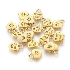10 Paw Print Charms Word Pendants Heart Tags I LOVE MY CAT Pet Lover