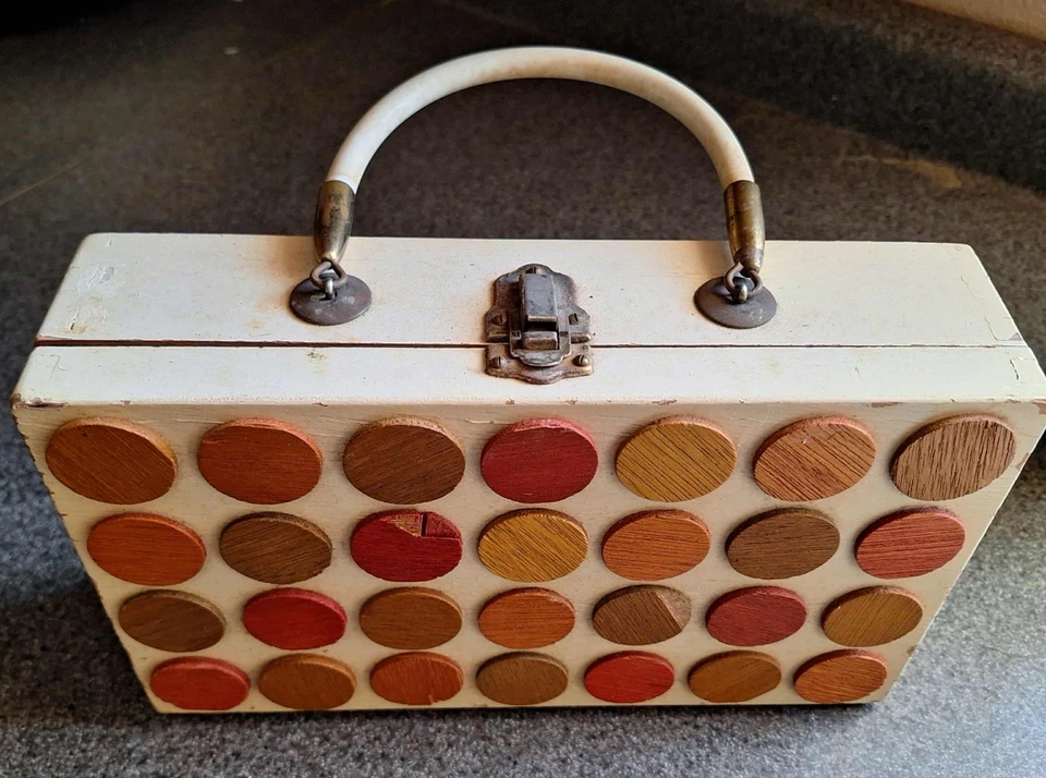 1960s Wooden Box Purse Vtg MOD Retro Style Brown w Black Wood Polka Dot Design - Image 2 of 4