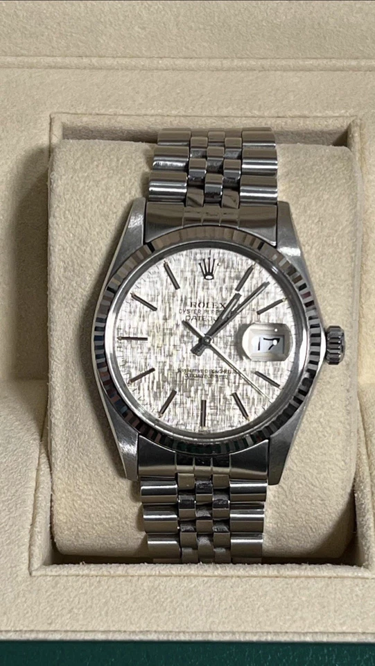 Rolex Datejust 16014 esfera de lino 36 mm acero inoxidable oro blanco 18k bisel estriado Foto 3 de 4