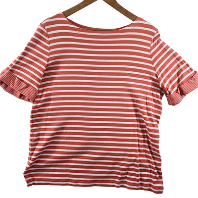 White Stag Womens 1X Coral Striped Short Sleeve Top Tee Cuffs Cotton Side Vents