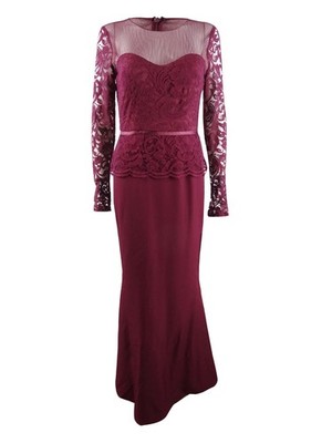 JS Collections Women's Illusion Lace-Sleeve Gown (2, Cabernet)