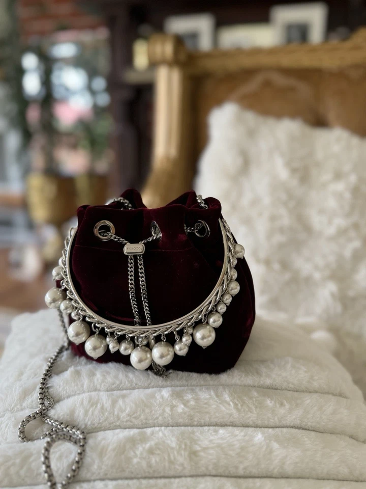 JIMMY CHOO бархата ведро сумка бисером цепочка ремень шнурка Bon Bon жемчуг красный - Изображение 3 из 4