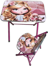 Kids Folding Table and Chair Set, Girl with Bird Theme, Pink, 60X40Cm