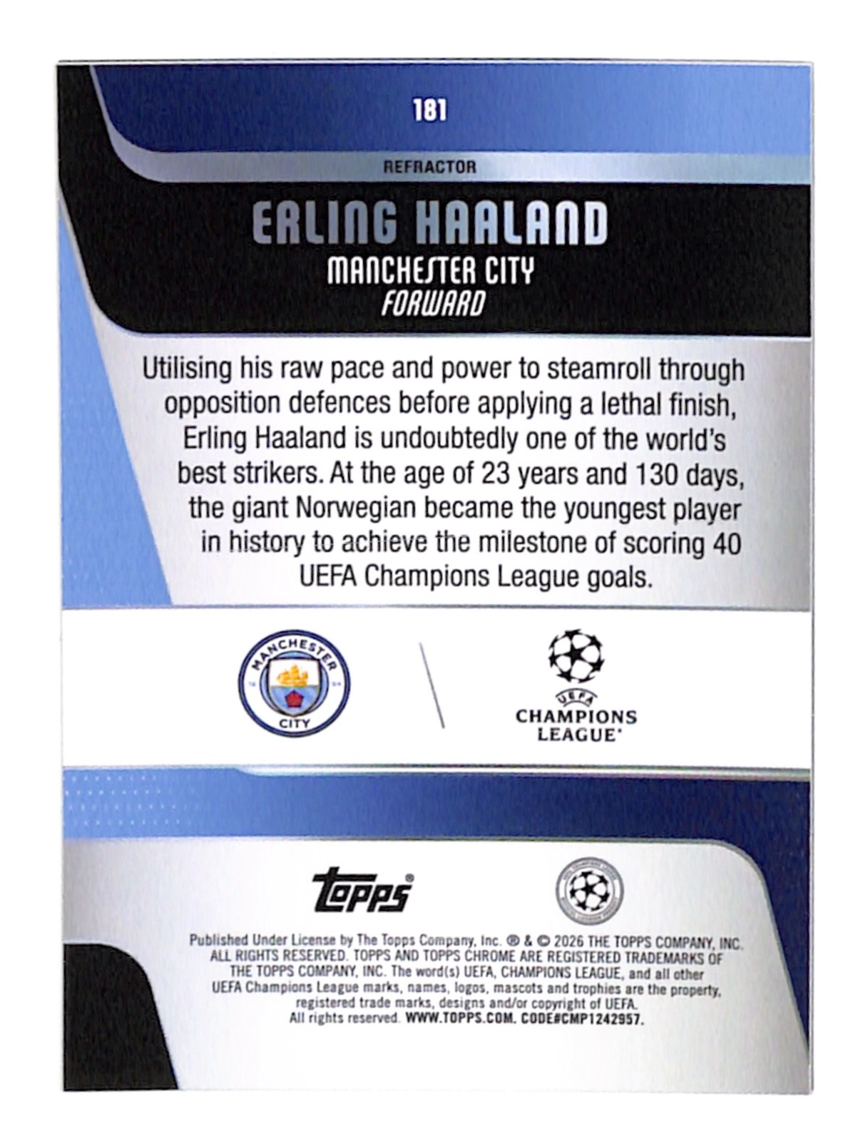 2025-26 Topps Chrome UEFA #181 Erling Haaland Refractor Manchester City Soccer view 2