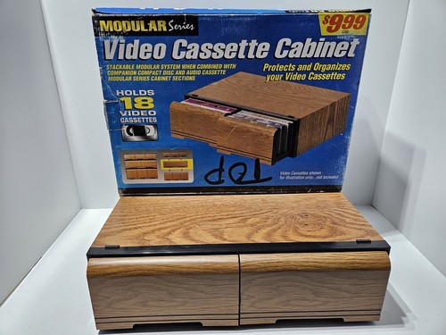 Modular Series Woodgrain 2 Drawer VHS Storage Cabinet Hold 18 VCR Video Tapes