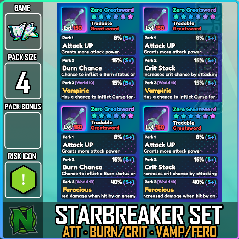Roblox World Zero WZ - 4 PACK - STARBREAKER SET - 4 GREATSWORDS