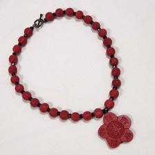 Necklace Vtg Chinese Red Cinnabar Carved Beads