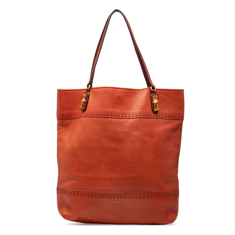Gucci Bamboo Tote Bag Leather Brown Red Women Used Authentic