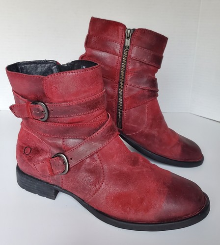 Born McMillan Red Distressed Leather Buckle Strap Side Zip Moto Ankle Boots 7.5