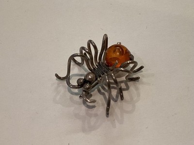 AUTHENTIC STERLING SILVER & AMBER SPIDER BROOCH PIN MUST SEE NO RESERVE 