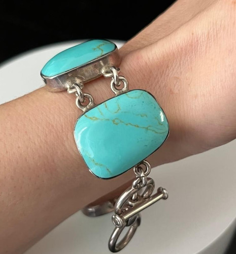 Vintage Mexico 925 Sterling Silver Chunky Turquoise Panel Link Bracelet 53.4 Gr