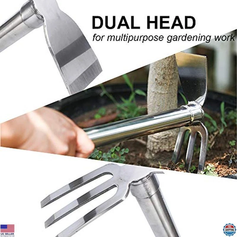 Herramienta de azada y rastrillo de jardín de acero inoxidable, 15" deshierbe y excavación de doble cabezal Foto 4 de 4