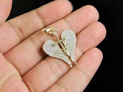 0.60 Ct VVS1 Diamond Angel Wings Cross Charm 1.5'' Pendant 14K Yellow Gold Over