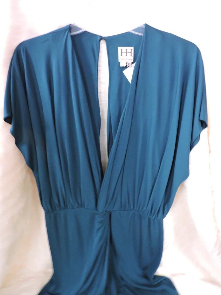 NUEVO CON ETIQUETAS $395 VESTIDO DRAPEADO SLINKY JERSEY VERDE AZULADO COSTERO ALTO HIPPIE COSTERO L Foto 3 de 4