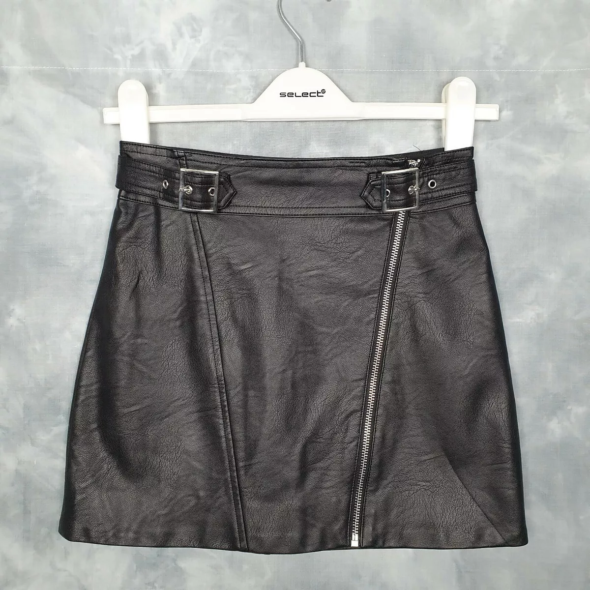 Topshop Petite Black Faux Leather Front Zip Buckle Mini Biker