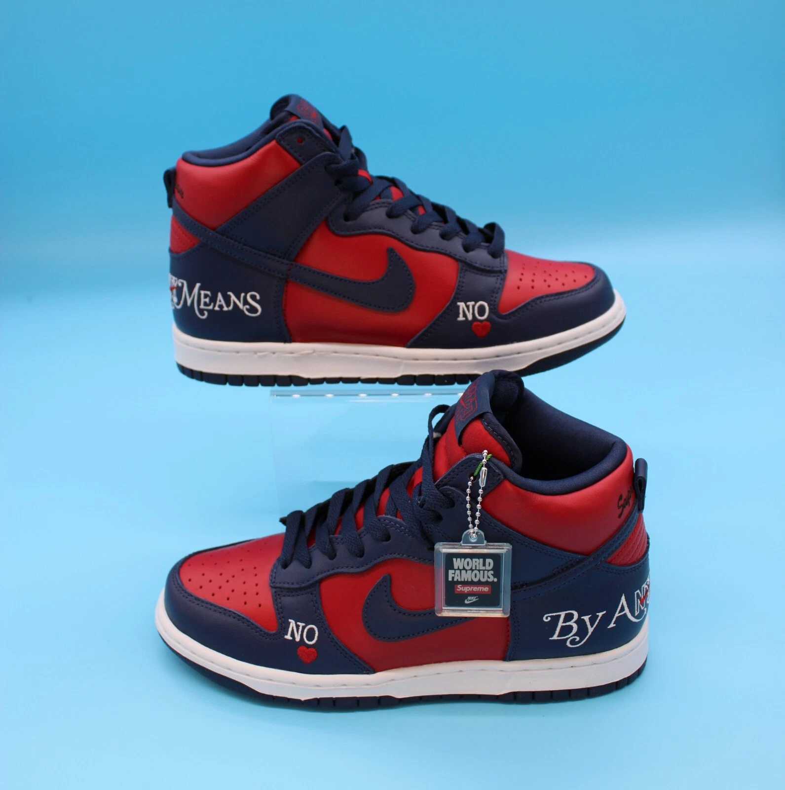 Baskets hautes Nike SB Dunk High Supreme By Any Means rouge marine blanc