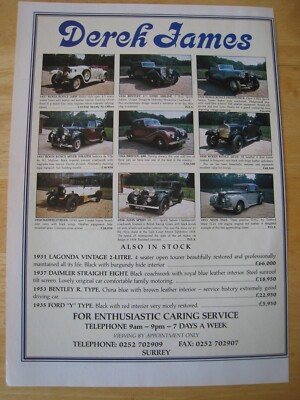 DEREK JAMES AUTO LAGERLISTE SURREY ROLLS BENTLEY LAGONDA 1990 WERBUNG A4 AKTE 32