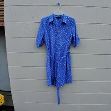 Adrienne Vittadini Polka Dot Womens Medium Shirt Dress Button Down Belted Blue