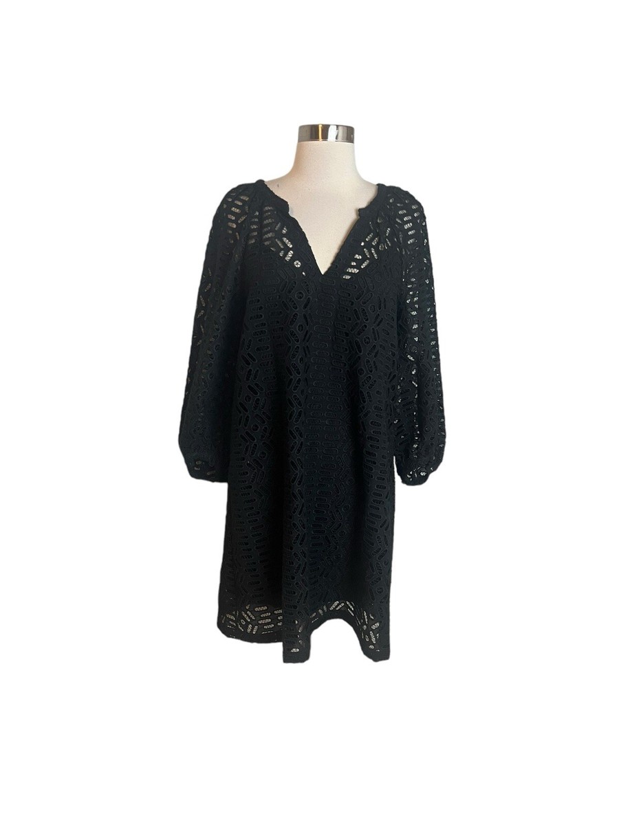 CLUB MONACO Dress Medium Black V Neck Eyelet Balloon Sleeve Peasant