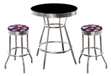 MLB Black and Chrome 3PC Bar Table Set w/Team Fabric Covered Swivel Seat Cushion