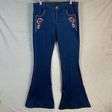 Flying Tomato Women  s Size M Flower Patch Flare Leg Pants Chambray Bell Bottoms